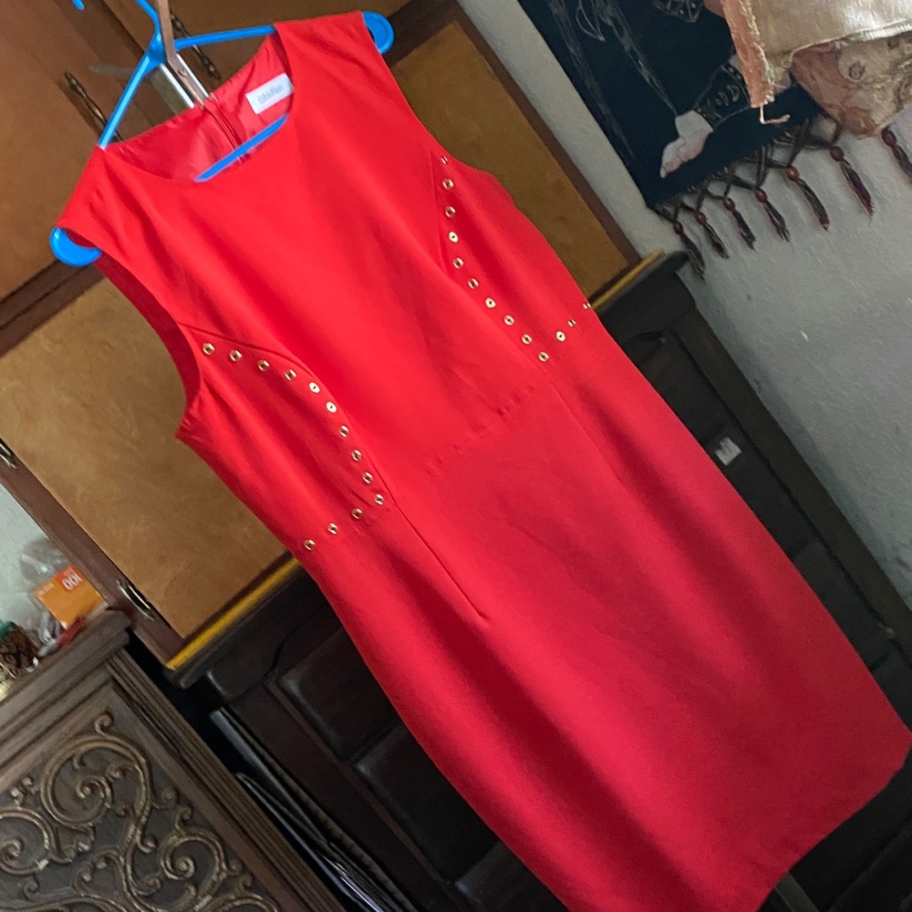 Calvin Klein Red Midi Dress with Gold Accents